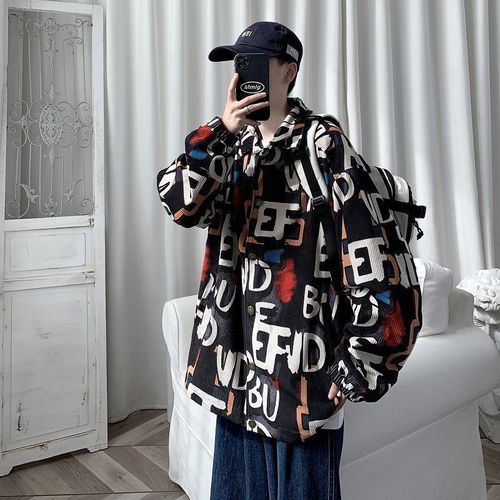 Veste En Velours Côtelé Hommes Printemps Et Automne Nouveau Style Graffiti Imprimé Veste De Rue Haute Ins Ample Haut Tout Match