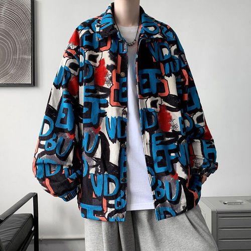 Veste En Velours Côtelé Hommes Printemps Et Automne Nouveau Style Graffiti Imprimé Veste De Rue Haute Ins Ample Haut Tout Match