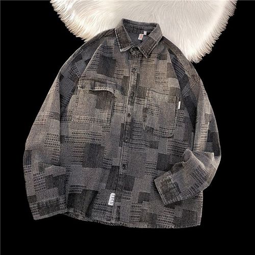 Printemps Et Automne Denim Vetements De Travail Chemise Style Rétro Décontracté Polyvalent Vetements D'extérieur Chemise A Carreaux Lâche A Manches Longues Veste Hommes