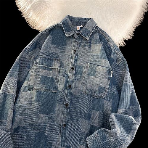 Printemps Et Automne Denim Vetements De Travail Chemise Style Rétro Décontracté Polyvalent Vetements D'extérieur Chemise A Carreaux Lâche A Manches Longues Veste Hommes