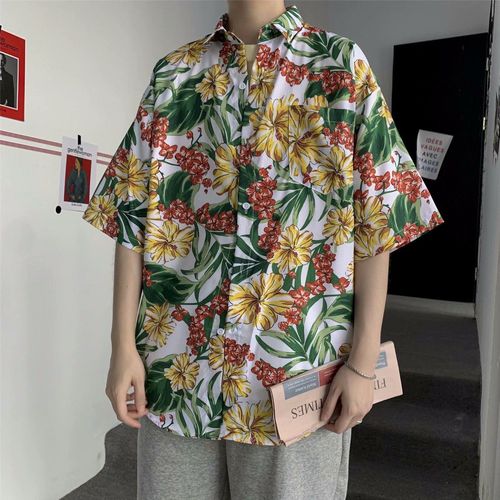 Style Rétro Ulzzang Chemise A Fleurs A Manches Courtes Mâle Style Harajuku Lâche Ins Chemise Plage Couple Protection Solaire Vetements Marée