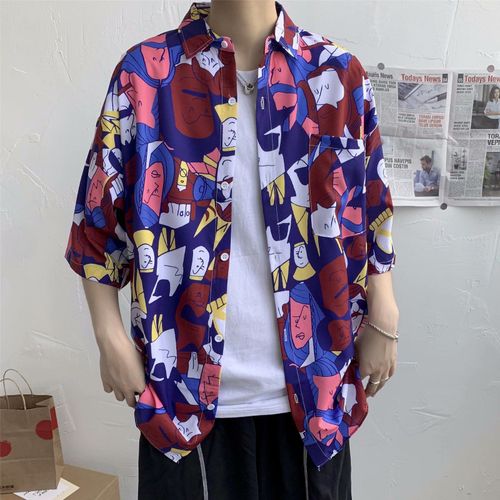 Style Rétro Ulzzang Chemise A Fleurs A Manches Courtes Mâle Style Harajuku Lâche Ins Chemise Plage Couple Protection Solaire Vetements Marée