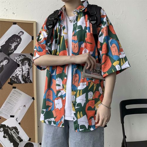 Style Rétro Ulzzang Chemise A Fleurs A Manches Courtes Mâle Style Harajuku Lâche Ins Chemise Plage Couple Protection Solaire Vetements Marée