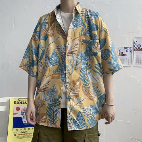 Style Rétro Ulzzang Chemise A Fleurs A Manches Courtes Mâle Style Harajuku Lâche Ins Chemise Plage Couple Protection Solaire Vetements Marée