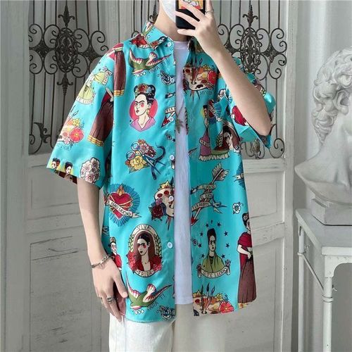 Style Rétro Ulzzang Chemise A Fleurs A Manches Courtes Mâle Style Harajuku Lâche Ins Chemise Plage Couple Protection Solaire Vetements Marée