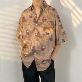 Tide Marque Européenne Et Américaine Street Hip-Hop Imprimé Chemise A Manches Courtes Veste Hommes Ins Lâche All-Match Tendance Chemise A Manches Cinq-Quarts