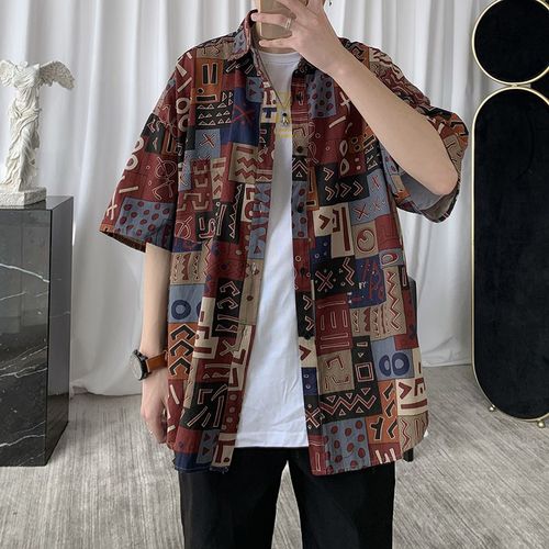 Sszo Été Net Rouge Tres Fée Chemise Mâle Ruffian Beau Manches A Cinq Points Version Coréenne Personnalité A La Mode Tout Match Vetements A Manches Courtes