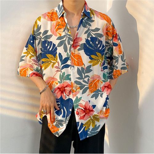 Chemise A Fleurs Hawaienne A Manches Courtes Pour Hommes De Style Haut De Gamme Beau Lâche All-Match Bord De Mer Doux Et Épicé Couple Chemise A Manches Cinq-Quarts