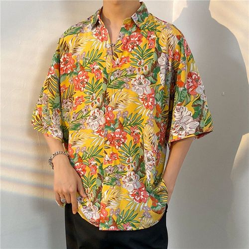 Chemise A Fleurs Hawaienne A Manches Courtes Pour Hommes De Style Haut De Gamme Beau Lâche All-Match Bord De Mer Doux Et Épicé Couple Chemise A Manches Cinq-Quarts