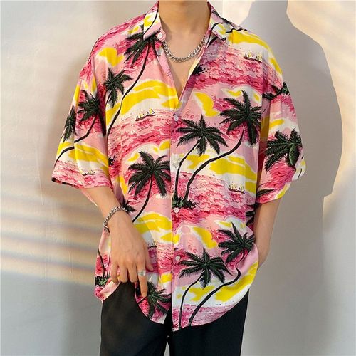 Chemise A Fleurs Hawaienne A Manches Courtes Pour Hommes De Style Haut De Gamme Beau Lâche All-Match Bord De Mer Doux Et Épicé Couple Chemise A Manches Cinq-Quarts