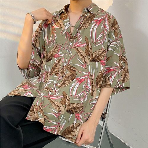Chemise A Fleurs Hawaienne A Manches Courtes Pour Hommes De Style Haut De Gamme Beau Lâche All-Match Bord De Mer Doux Et Épicé Couple Chemise A Manches Cinq-Quarts