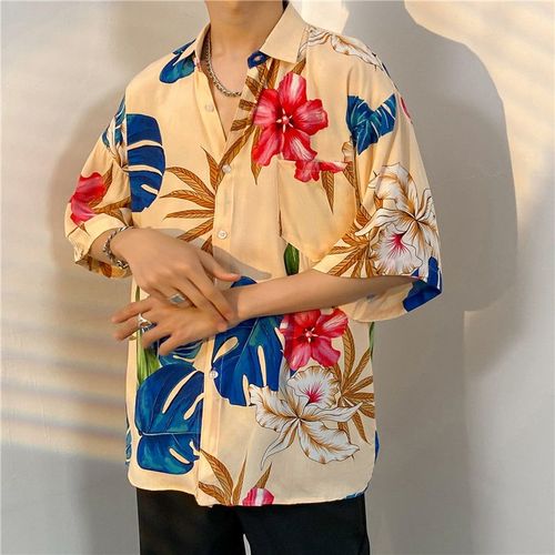 Chemise A Fleurs Hawaienne A Manches Courtes Pour Hommes De Style Haut De Gamme Beau Lâche All-Match Bord De Mer Doux Et Épicé Couple Chemise A Manches Cinq-Quarts