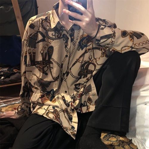 Les Fabricants Fournissent Directement Ins Rétro Ruffian Beau Chemise Imprimée Hommes Lâche Chemise De Style Veste A Manches Longues Version Coréenne De La Société