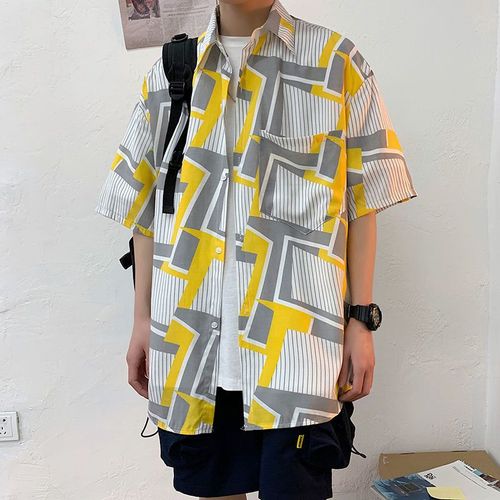 Chemise A Manches Courtes Japonaise D'été Chemise A Manches Mi-Longues Pour Hommes Style A La Mode Imprimé Chat Chemise Décontractée Ample Marée