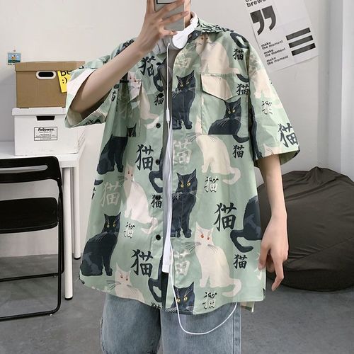 Chemise A Manches Courtes Japonaise D'été Chemise A Manches Mi-Longues Pour Hommes Style A La Mode Imprimé Chat Chemise Décontractée Ample Marée