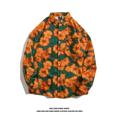 Style Vintage Peinture A L'huile Fleur Chemise Hommes Et Femmes Style Rétro Ruffian Beau Lâche All-Match Couple Chemise A Manches Longues Veste