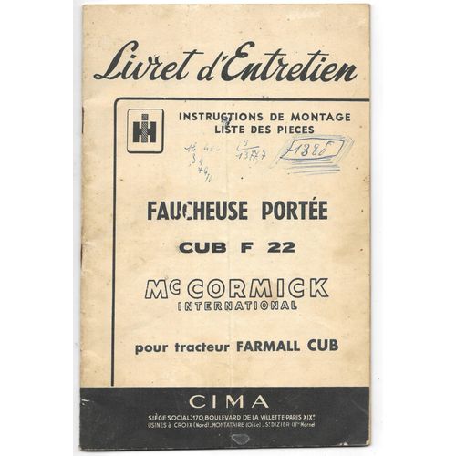 Mc Cormick Livret D'entretien Faucheuse Portée Cub F22