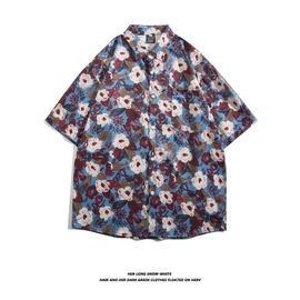 Style Vintage Ruffian Belle Fleur Chemise Hommes Et Femmes Rétro All-Match Veste Hawaienne Lâche Couple Chemise A Manches Courtes