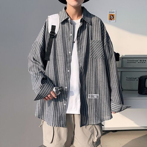 Style Japonais Harajuku Style Chemise Rayée Hommes Et Femmes Version Coréenne A La Mode Lâche Chemise A Manches Longues Marée Marque Couple Porter Une Veste Décontractée