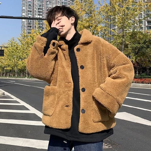 Manteau D'hiver Pour Hommes Style Coréen Lâche Épais Chaud Décontracté Court A Capuche Laine Agneau Vetements Manteau Pour Hommes A La Mode