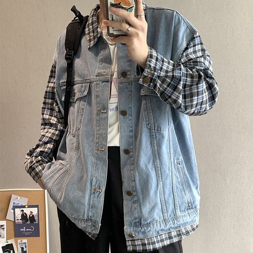 Veste En Jean Homme A La Mode All-Match Ins Version Coréenne Veste En Jean Ample Épissage Plaid Grande Taille Faux Haut Deux Pieces