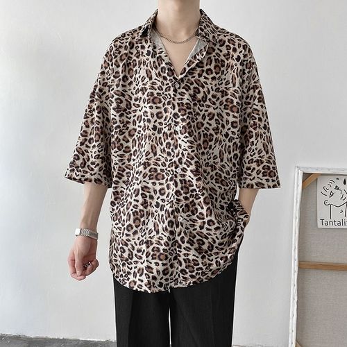 Été Hommes Nouveau Imprimé Léopard Chemise A Manches Longues Hommes Style Coréen A La Mode Beau Pouce Chemise Lâche Chemise Décontractée Veste