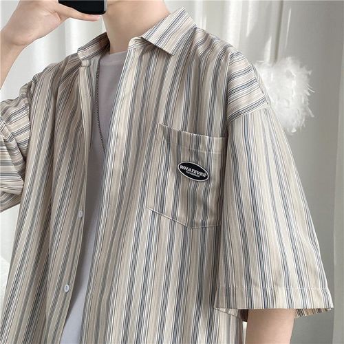 Chemise D'été A Manches Courtes En Soie De Glace Pour Hommes, Style Ample, Chemise A Rayures Assorties, Belle Veste A La Mode Pour Adolescent