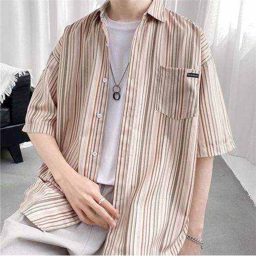 Chemise D'été A Manches Courtes En Soie De Glace Pour Hommes, Style Ample, Chemise A Rayures Assorties, Belle Veste A La Mode Pour Adolescent