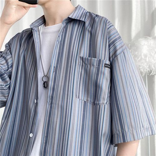 Chemise D'été A Manches Courtes En Soie De Glace Pour Hommes, Style Ample, Chemise A Rayures Assorties, Belle Veste A La Mode Pour Adolescent