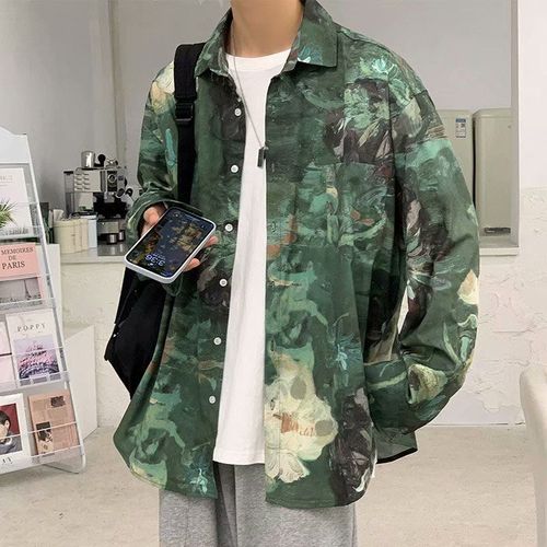Style Ruffian Beau Chemise Hommes A Manches Longues Lâche Haut Décontracté Printemps Et Automne Ins Marée Marque Rétro Peinture A L'huile Impression Chemise