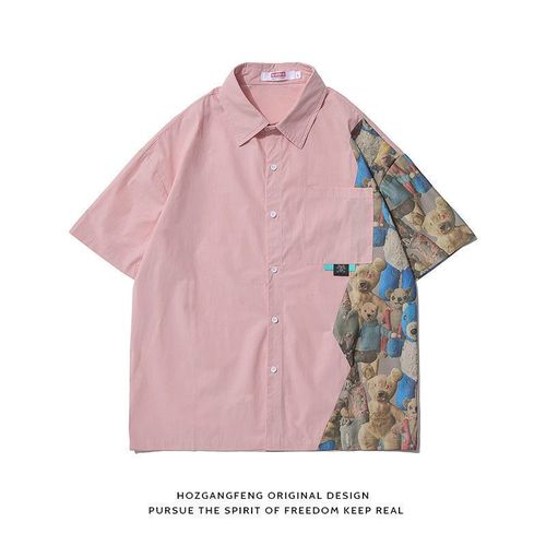 Petite Fée Vent Doux Conception Été Nouvelle Personnalité Couture Ours Lâche Revers Chemise A Manches Courtes Femmes