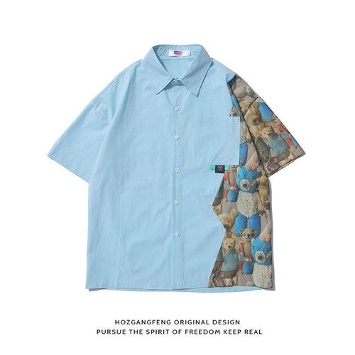 Petite Fée Vent Doux Conception Été Nouvelle Personnalité Couture Ours Lâche Revers Chemise A Manches Courtes Femmes