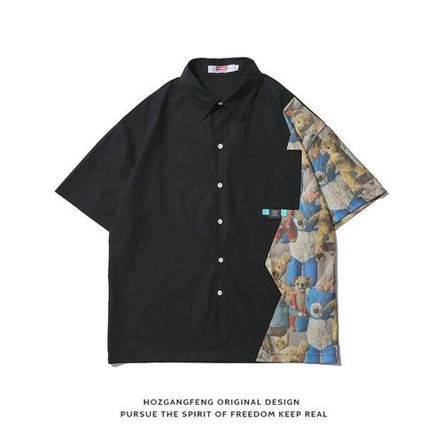 Petite Fée Vent Doux Conception Été Nouvelle Personnalité Couture Ours Lâche Revers Chemise A Manches Courtes Femmes