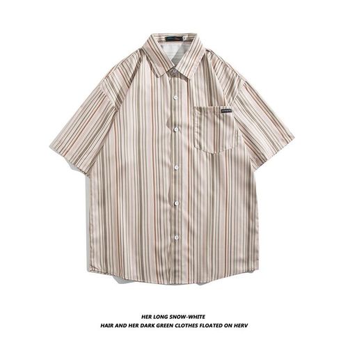 Chemise A Manches Courtes A Rayures Japonaises Hommes Et Femmes Marque De Marée D'été Style Américain Couple Lâche Veste De Chemise D'outillage De Revers Décontracté