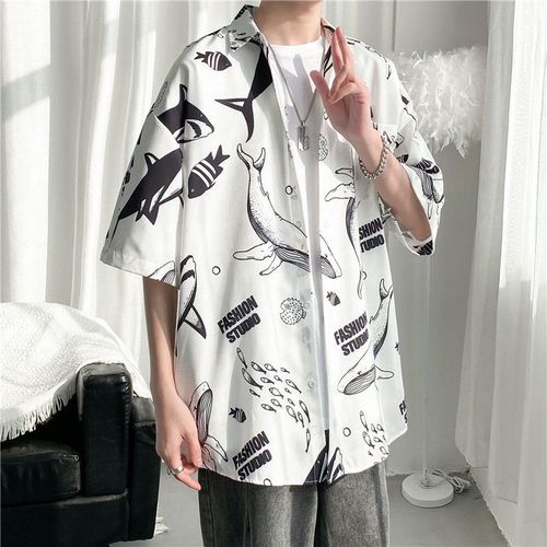 Dessin Animé Petite Chemise De Fleurs Fraîches Section Mince D'été Pour Hommes Sen Department Doux Gluant Version Coréenne En Vrac Style De Chemise A Manches Cinq-Quarts