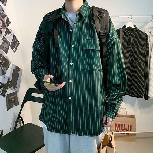 Printemps Et Automne Chemise Rayée Hommes Lâche Style Tendance Japonaise Cent Ruffian Belle Marée Marque Ins Veste Chemise Coréenne