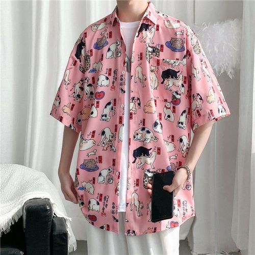 Dessin Animé Petite Chemise De Fleurs Fraîches Section Mince D'été Pour Hommes Sen Department Doux Gluant Version Coréenne En Vrac Style De Chemise A Manches Cinq-Quarts