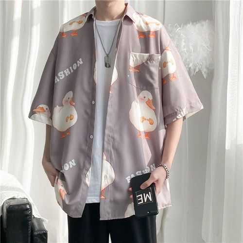 Dessin Animé Petite Chemise De Fleurs Fraîches Section Mince D'été Pour Hommes Sen Department Doux Gluant Version Coréenne En Vrac Style De Chemise A Manches Cinq-Quarts