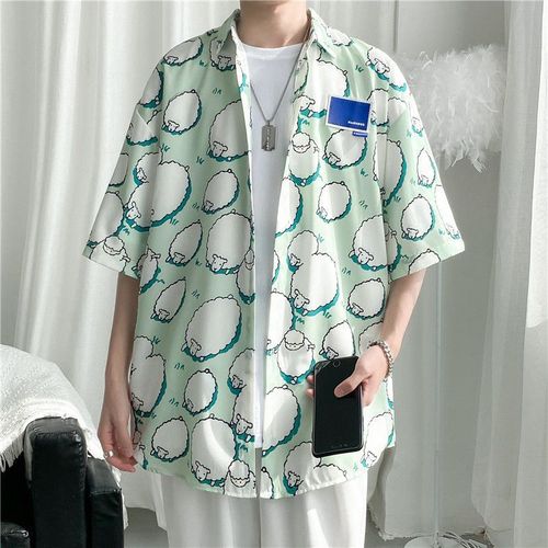 Dessin Animé Petite Chemise De Fleurs Fraîches Section Mince D'été Pour Hommes Sen Department Doux Gluant Version Coréenne En Vrac Style De Chemise A Manches Cinq-Quarts