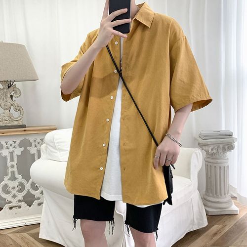 Style Chemise Blanche Hommes A Manches Courtes Ins Tendance Ruffian Bel Été Ample Manches Cinq Points Foret Chemise Veste Section Mince