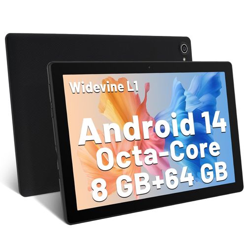 Tablette 10 Pouces Android 14 Octa-Core 8 Go RAM 64 Go ROM 1 To TF Extension 1280x800 IPS Écran aTablette PC WiFi 6 Bluetooth 5.3 Widevine L1 Double caméra Haut-parleurs 5000mAh, Noir