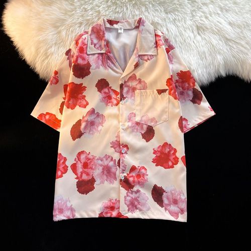Antique Vintage Col Cubain Chemise Florale Hommes Et Femmes Lâche Style Sens Couple Plage Chemise A Manches Courtes