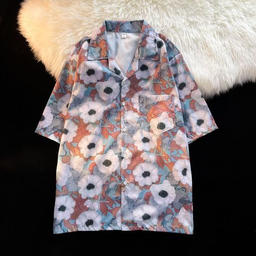 Antique Vintage Col Cubain Chemise Florale Hommes Et Femmes Lâche Style Sens Couple Plage Chemise A Manches Courtes