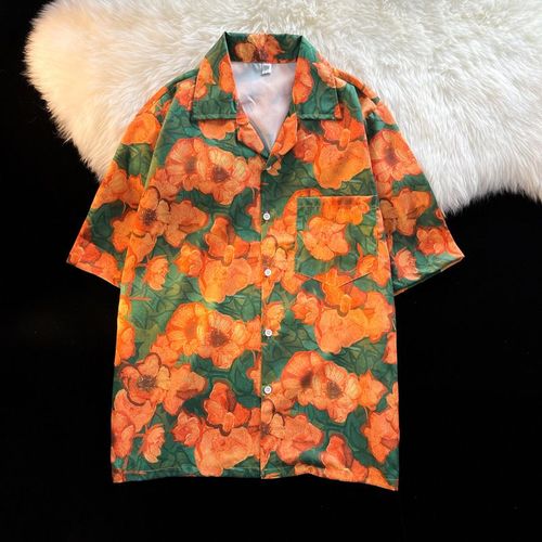 Antique Vintage Col Cubain Chemise Florale Hommes Et Femmes Lâche Style Sens Couple Plage Chemise A Manches Courtes