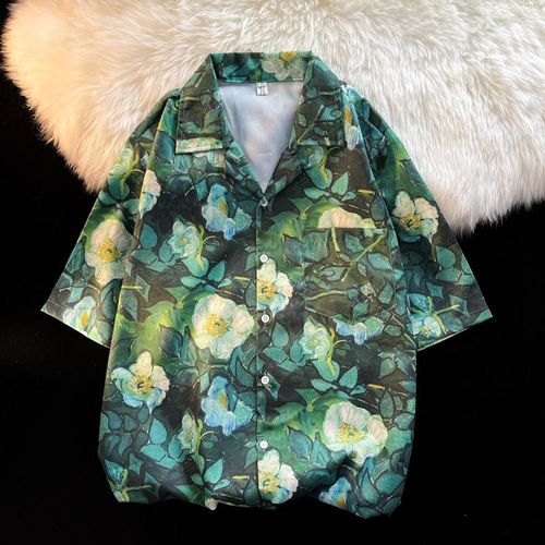 Antique Vintage Col Cubain Chemise Florale Hommes Et Femmes Lâche Style Sens Couple Plage Chemise A Manches Courtes