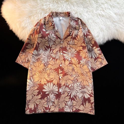 Antique Vintage Col Cubain Chemise Florale Hommes Et Femmes Lâche Style Sens Couple Plage Chemise A Manches Courtes