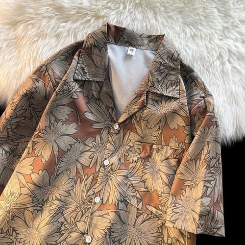 Antique Vintage Col Cubain Chemise Florale Hommes Et Femmes Lâche Style Sens Couple Plage Chemise A Manches Courtes