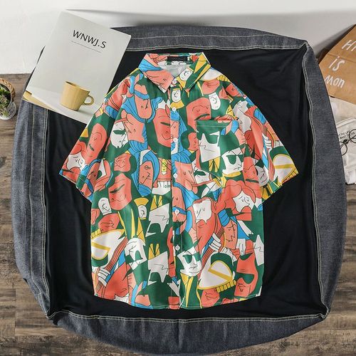 Chemise A Manches Courtes D'été Homme Ins Rétro Tete Drôle Personnalité Impression Marque A La Mode Version Coréenne Chemise Ample Haut A La Mode