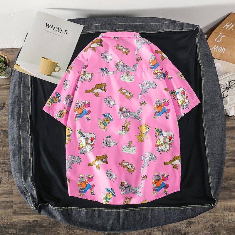 Chemise A Manches Courtes D'été Homme Ins Rétro Tete Drôle Personnalité Impression Marque A La Mode Version Coréenne Chemise Ample Haut A La Mode