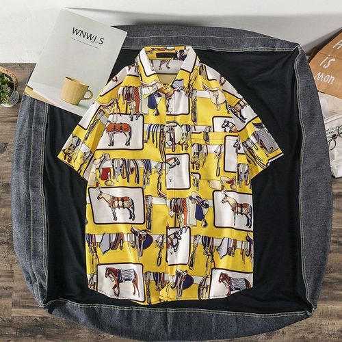 Chemise A Manches Courtes D'été Homme Ins Rétro Tete Drôle Personnalité Impression Marque A La Mode Version Coréenne Chemise Ample Haut A La Mode